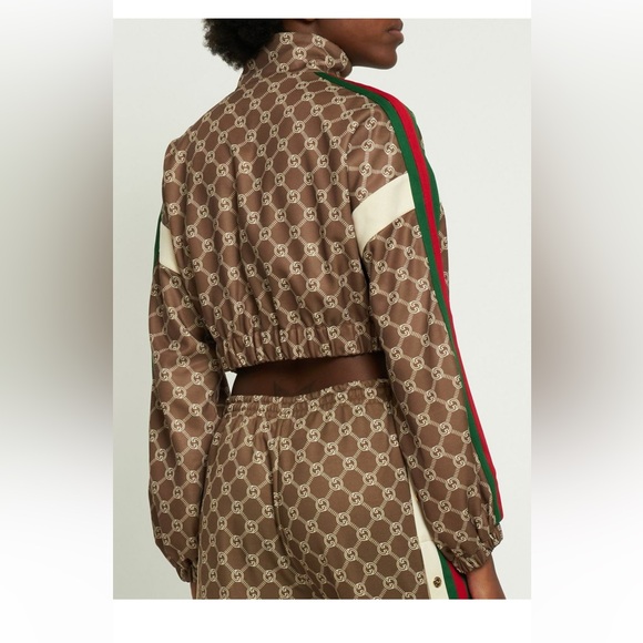 NEW!  Gucci Brown Technical Jersey Monogram  Logo Cropped Jacket - S - Picture 4 of 14